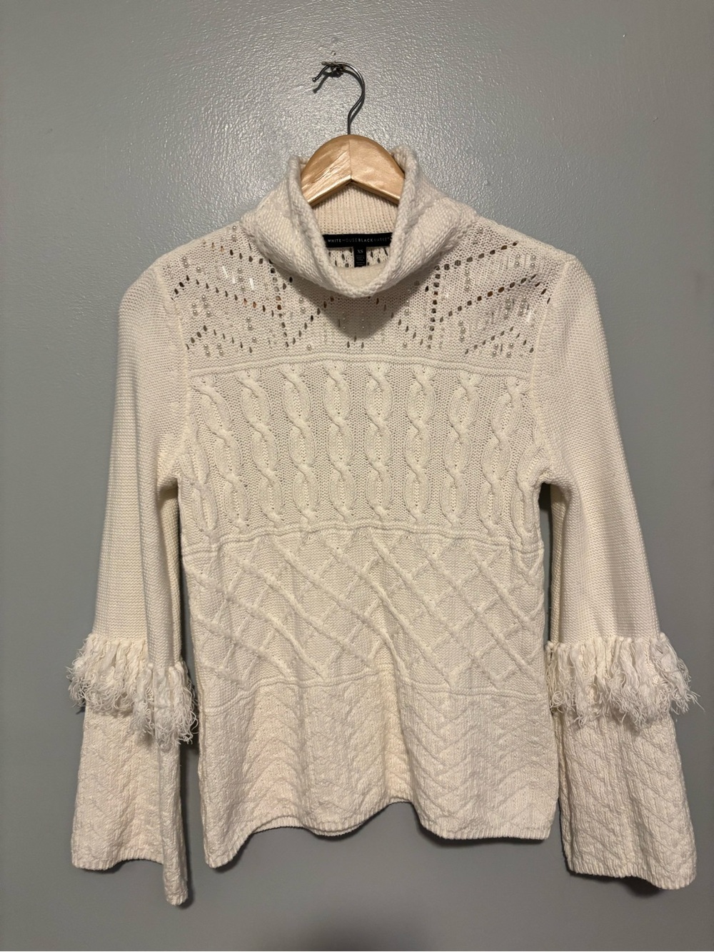 White House Black Market Cable-Knit with Fringe Sleeve Detail & Pearl Accents